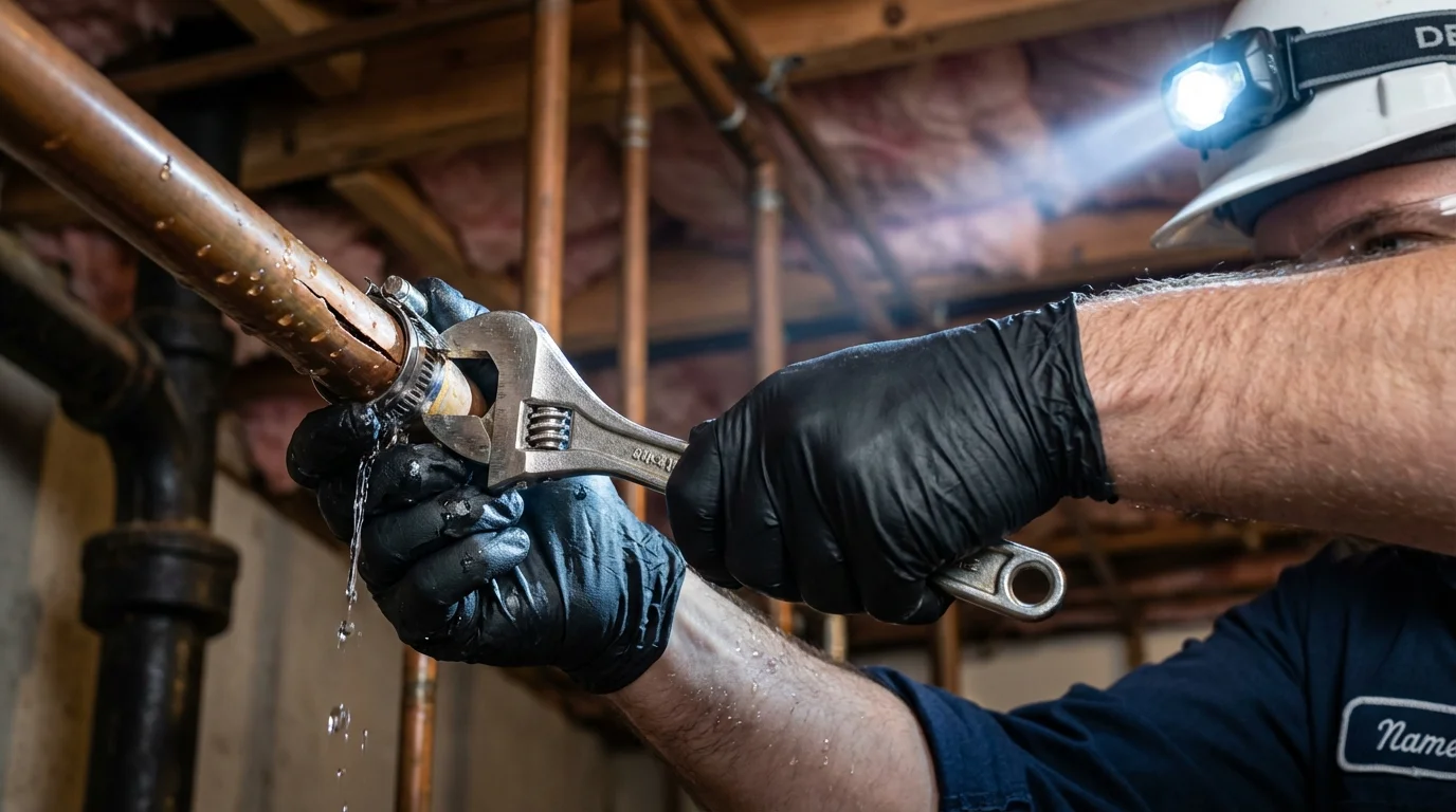 Emergency pipe clamp repair being performed by a Johns Plumbing LLC plumber in Plant City