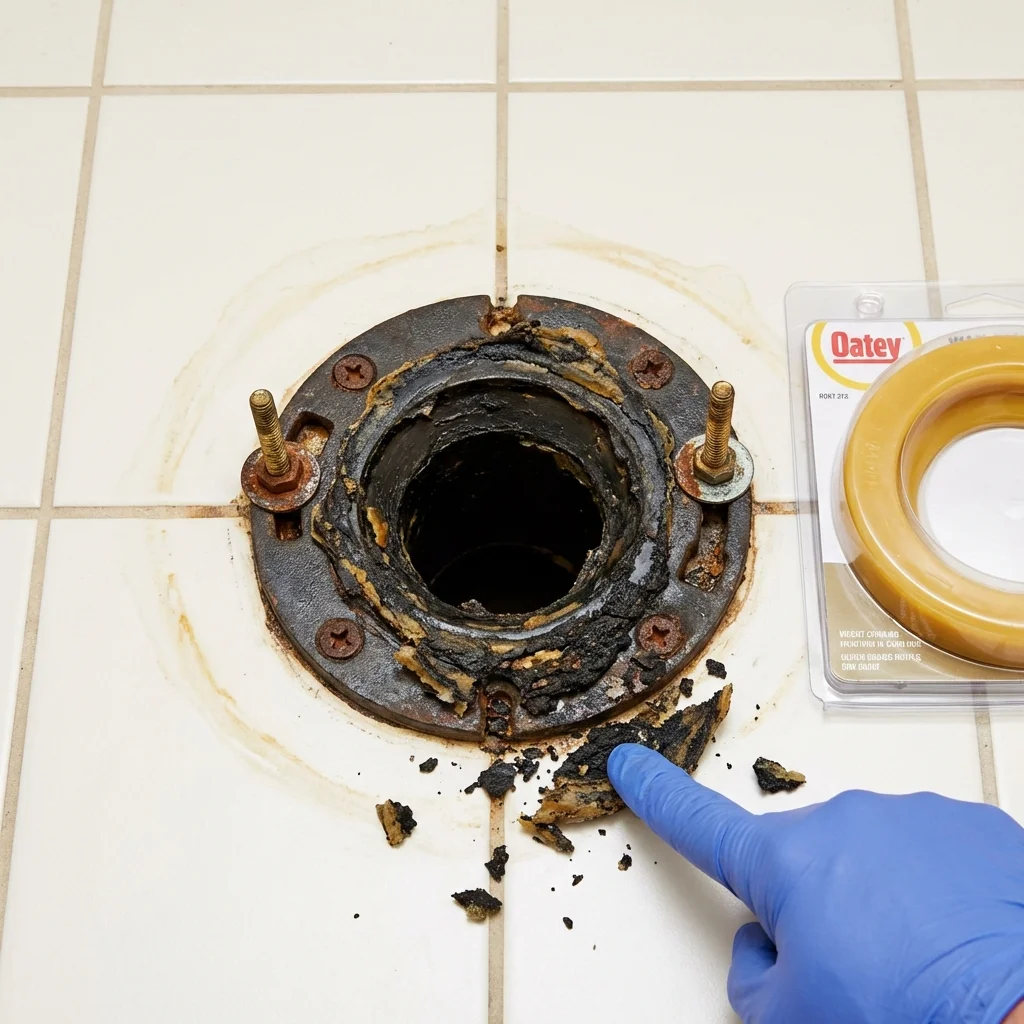Failed wax ring showing water seepage at the base of a toilet in a Plant City, FL home