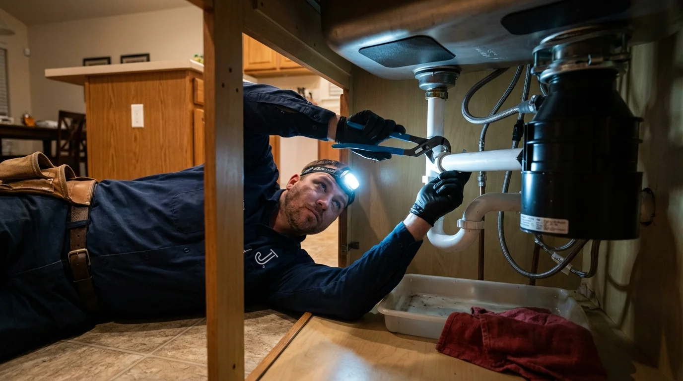 P-trap and supply line connections under a kitchen sink showing a common leak point in Plant City, FL
